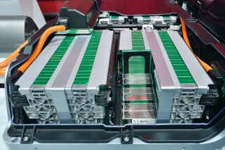 Stock Photography: Close-up of battery packs in the the electric car.